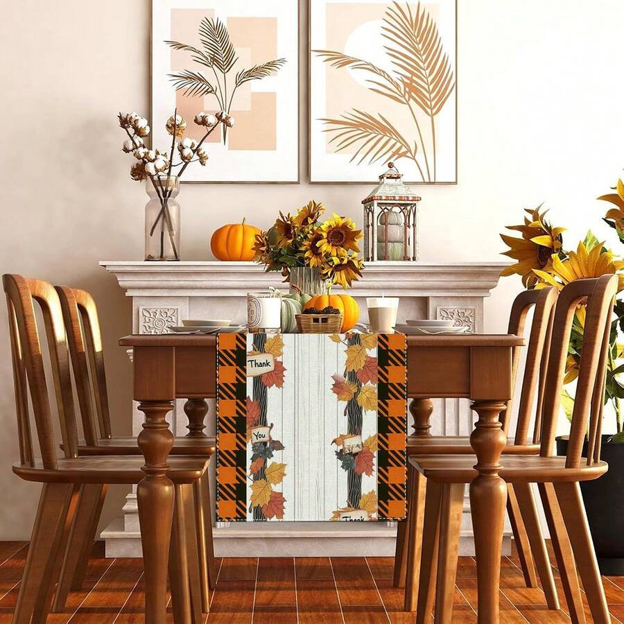 1/108pcs Autumn Thanksgiving Fall Leaves, Slogans, Plaid Pattern Digital Print Tabletop Decor Table Runner - Thanksgiving Family Gathering Atmosphere Decor, Suitable For Holiday Parties, Gifts, Autumn Harvest Season Decoration