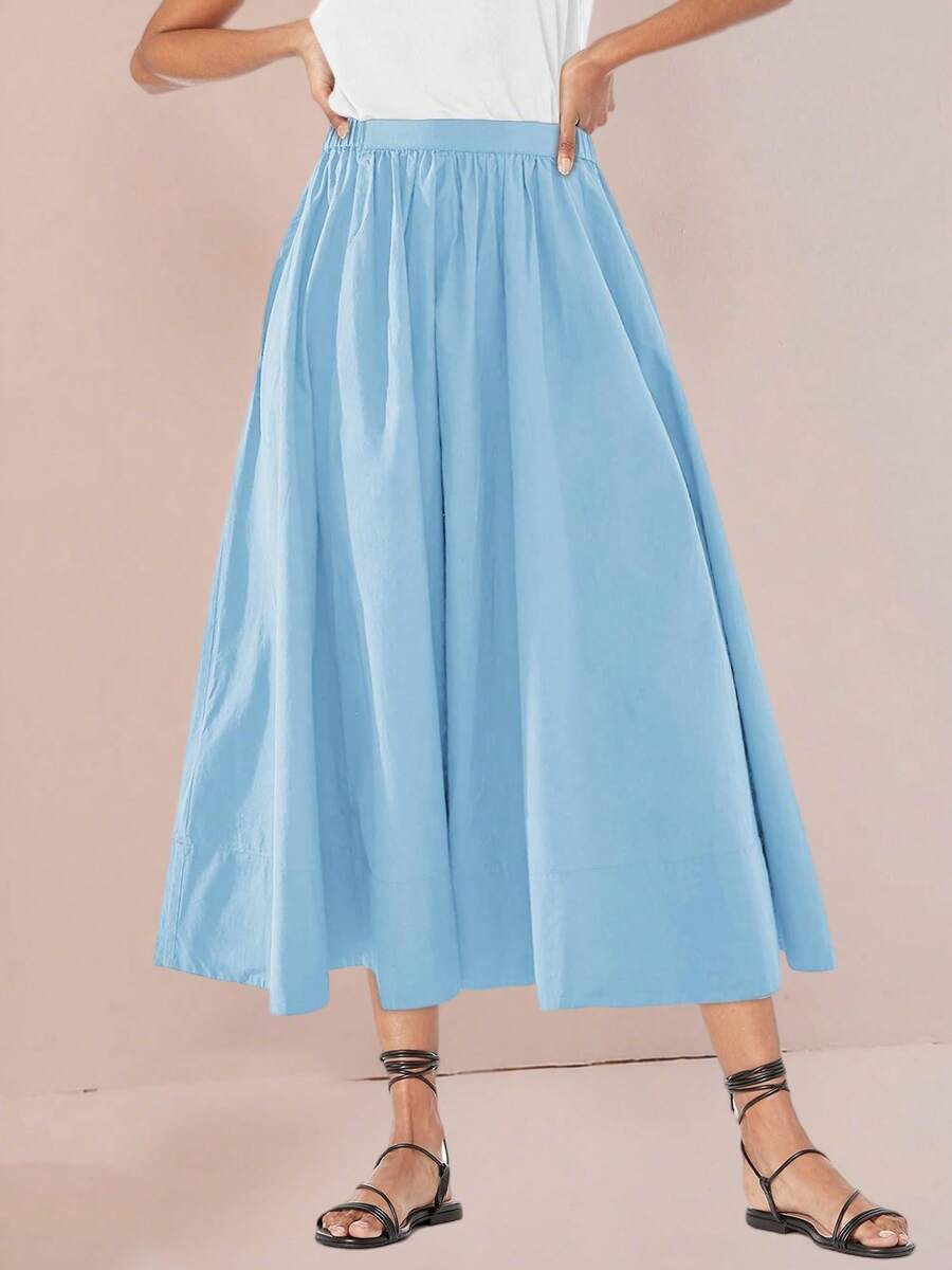 Womens A-Line Midi Skirt Elastic High Waist Pleated Flowy Swing Casual Long Skirt With Pocket - 淺藍色 - 查看 1