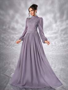 Elisanya 3D花朵串珠花蕊女士雪纺连衣裙舞会派对长袖高领优雅茶会端庄婚礼宾客毕业演唱会宴会晚宴 - 紫色 - 查看 6