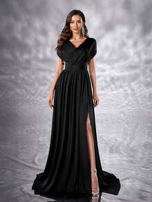 YISIKADO 女士连衣裙优雅缎面 V 领高腰长裙舞会派对女士礼服正式和晚礼服 - 黑色 - 查看 5