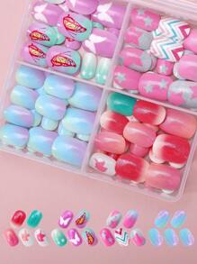 NAIO 96pcs/Set Kids Press On Nails Acrylic False Nails Pre-Glued Full Cover Glitter Cute Gradient, Five-Pointed Star, Butterfly, Unicorn And Other Elements Short Children's Stick-On False Nails Set For Kids Little Girls - Cute Spring And Summer Gradient Butterfly Theme