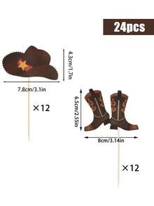 12pcs/24pcs Brown Cowboy Hat And Boot Cupcake Toppers, Western Theme Birthday Cake Decorations, Cupcake Decorations For Gender Reveal Party, Baby Shower, Photo Props, Birthday Decorations, Party Supplies, Baby Christening Decorations, Holiday Decorations - Multicolor - View 4