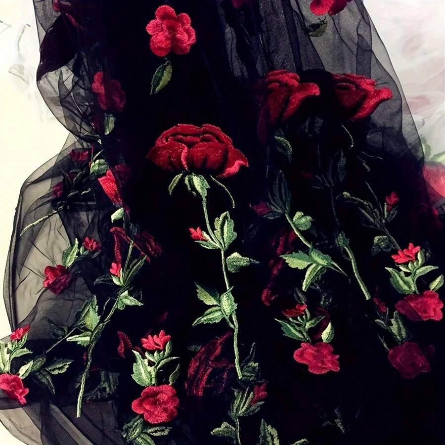 قماش تول مطرز بالزهور بالياردة، قابل للغسل باليد فقط، نمط الوردة، قماش مناسب لصنع فساتين الزفاف والملابس والتنانير والديكور - متعدد الألوان - مشاهدة 1