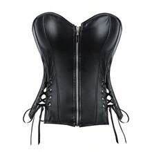 UPVV Women's Corset Tops With Zipper For Women Strapless Lace Up Boned Sweetheart Neck Bodyshaper Bustier Sexy Crop Top - 黑色 - 查看 5