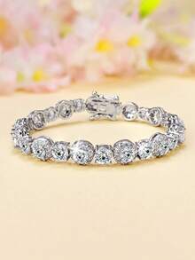 1pc Fashionable Minimalist Classic Tennis Cubic Zirconia Copper Plated Golden Bracelet, Unisex, Suitable For Daily Outfits And Parties, 6 Inch - 9 Inch, Ideal Gift For Festivals - Gold - View 10