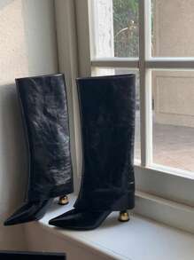 卡其色阔腿裤女筒靴，2025年新款夏季尖头直筒高筒靴，西部牛仔靴，黑色靴子 - 黑色 - 查看 7