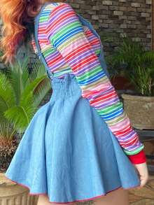 Women Devil Costume Halloween Cosplay Long Sleeve Striped Tops And Suspender Skirt Outfits - Màu xanh lam - Xem 7