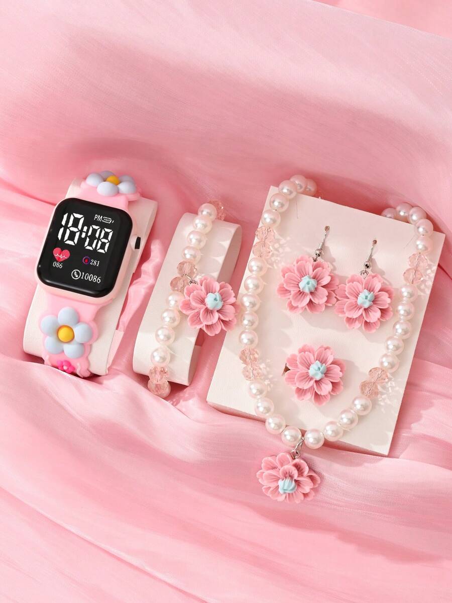 6pcs/Set Girls' Elegant Classic Square LED Heart-Shaped Digital Display Watch With Floral Pattern Strap And Dial. Affordable Price, Suitable For Students To Wear In Back To School Season. Fashionable Stationery Set Includes Electronic Watch, Bracelet, Necklace, Ring And Earrings. Adorable Pearl Flower Children's Accessories, Suitable For Daily Life, School, Gatherings, Travel, Also Can Be Given As Birthday Gifts To Friends. Perfect Gift For Girls. - Multicolor - View 1