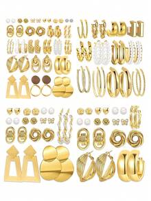10-22pcs Fashionable Minimalist Elegant Vintage Faux Pearl Flower Twist Bow Heart Geometric Round Asymmetrical Exaggerated Metal Earring Set, Suitable For Holiday, Party, Date, Gift, Daily Wear - Yellow Gold - View 1