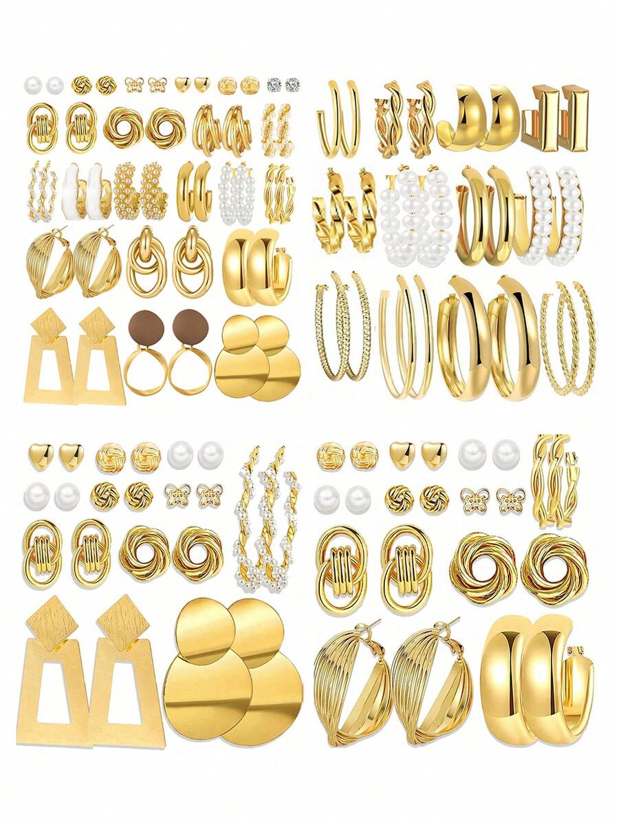 10-22pcs Fashionable Minimalist Elegant Vintage Faux Pearl Flower Twist Bow Heart Geometric Round Asymmetrical Exaggerated Metal Earring Set, Suitable For Holiday, Party, Date, Gift, Daily Wear - Yellow Gold - View 1