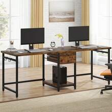Tribesigns 200 Cm Long Desk, Double Computer Desk With 2 Drawers, Two Person Desk Workstation With Storage Shelves, Writing Table Study Desk For Home Office, Rustic Brown - Brown - View 4