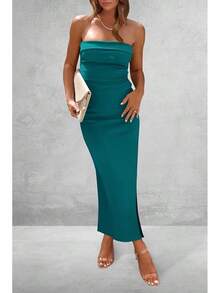 Women's Summer Bodycon Maxi Tube Dress Ribbed Strapless Side Slit Long Going Out Casual Elegant Party DressesHalloween Christmas New Year - 藍綠色 - 查看 6