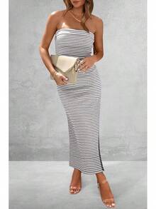 Women's Summer Bodycon Maxi Tube Dress Ribbed Strapless Side Slit Long Going Out Casual Elegant Party DressesHalloween Christmas New Year - 條紋淺灰白 - 查看 4