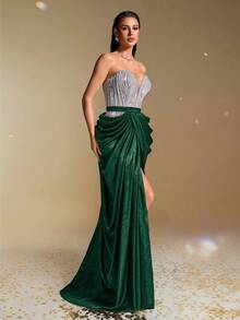 Vestido de noche con corsé con lentejuelas plateadas sin tirantes, vestido de sirena formal sexy para mujer, vestido de gala brillante, vestido de lujo para gala, vestido largo con cuentas sin hombros, vestido maxi ajustado para alfombra roja