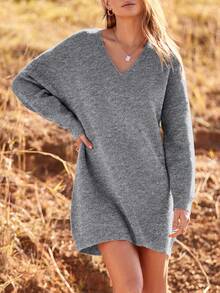 Women's Pullover Sweater Dress Casual Long Sleeve Ribbed Knit V Neck Loose Oversized Sweaters Dresses - 灰色 - 查看 3
