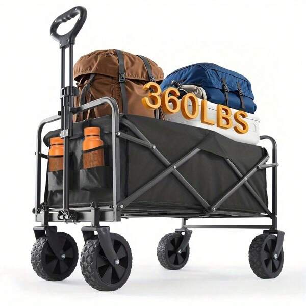 1pc Heavy Duty Collapsible Foldable Utility Wagon Cart With All-Terrain Wheels, 450LB Capacity Metal Frame & Plastic Tires For Beach, RV Storage, Camping, Sports - Black, Camping Utility Cart | Foldable Wagon Cart | Metal Frame Cart, Wagon Foldable
