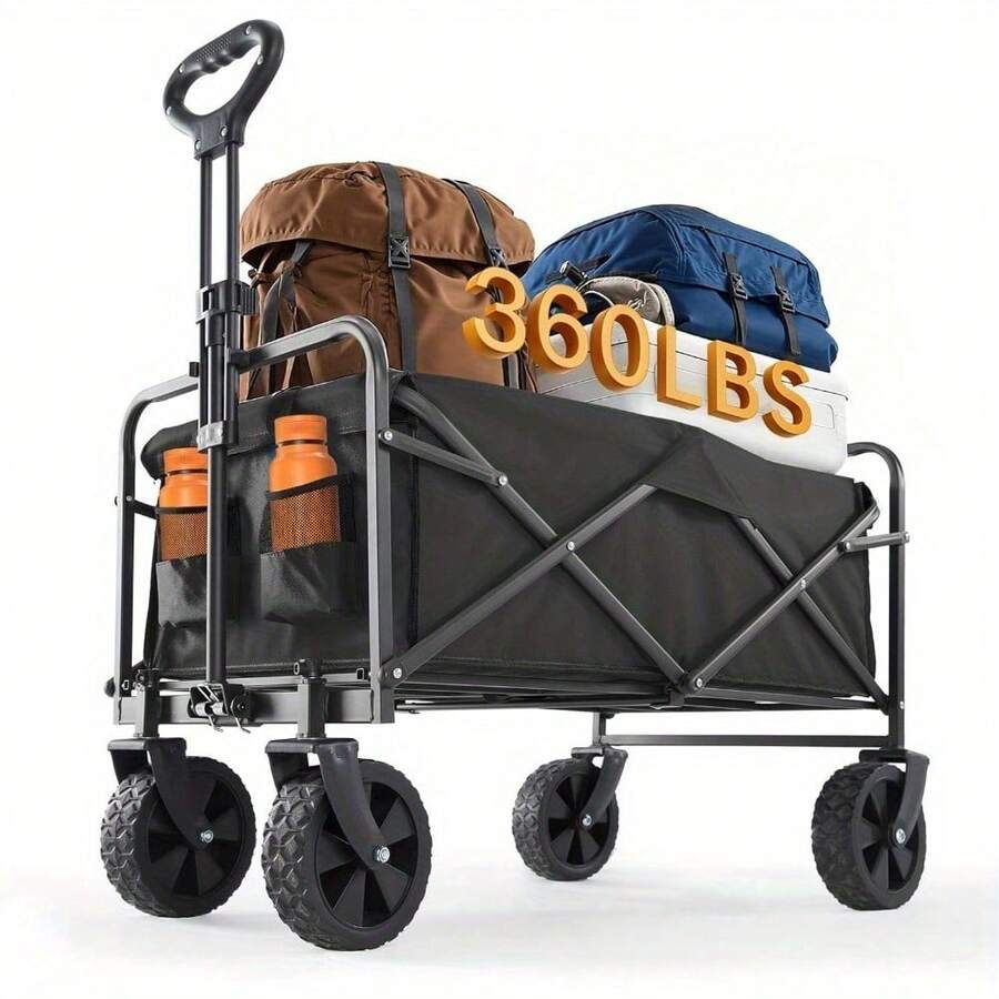 1pc Heavy Duty Collapsible Foldable Utility Wagon Cart With All-Terrain Wheels, 360LB Capacity Metal Frame & Plastic Tires For Beach, RV Storage, Camping, Sports - Black, Camping Utility Cart | Foldable Wagon Cart | Metal Frame Cart, Wagon Foldable