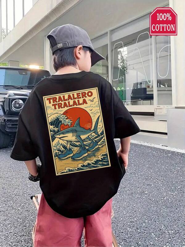 Boys Casual Print Round Neck Short Sleeve T-Shirt Summer Student Youth Kids Clothing