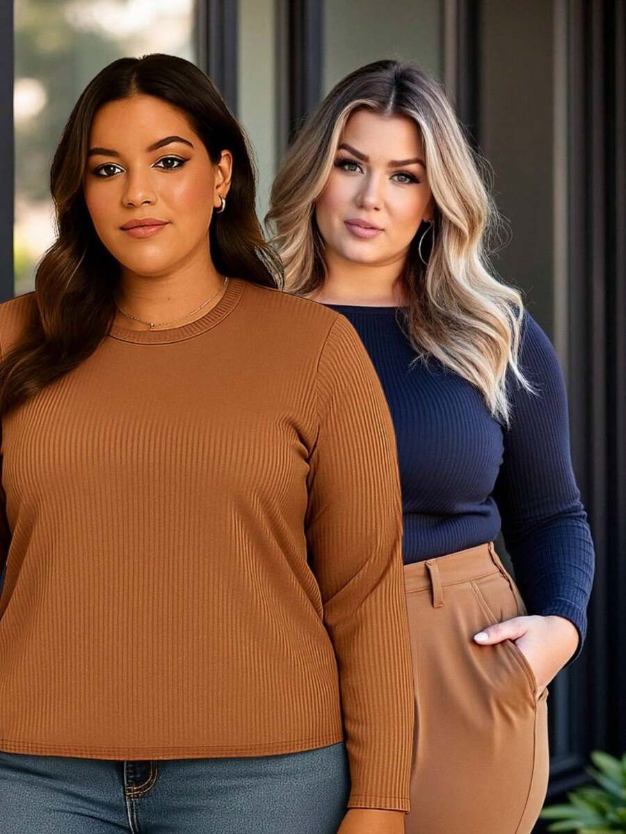 Kit 2 Plus Size T-Shirt Long Sleeve Ribbed Blouse Autumn Winter Valentine's Day Cold Versatile Comfortable Casual Style - NAVY/MOUSSE - View 1