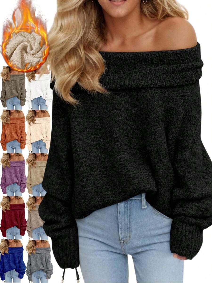 Women's Off The Shoulder Sweater Oversized Long Sleeve Ribbed Knit 2025 Fall Winter Fashion Pullover - 黑色 - 查看 1