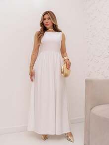 A&DD FASHION, REF: 8026, Women's Solid Color Sleeveless Dress, Long A-Line Skirt, Small Round Neck Long Skirt, Umbrella Skirt, Long A-Line Skirt, Women's Summer, 2025 New Design Thin Waist Temperament Skirt - trắng - Xem 5