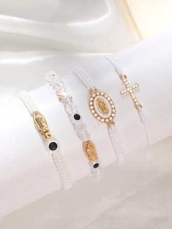 4pcs/Set Fashion Mexican Braclets Virgin Mary Cross Hand Woven Bracelet , Evil Eye Heart Beads Hand Woven Bracelet, Lucky Gift