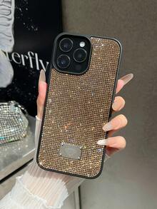 1pc Black Rhinestone Inlaid Shiny Full Coverage Comfortable Grip Phone Case Compatible With Iphone 16 Waterproof Shockproof Anti-Fall Scratch Resistant - Gold - View 6
