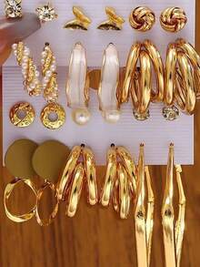 10-22pcs Fashionable Minimalist Elegant Vintage Faux Pearl Flower Twist Bow Heart Geometric Round Asymmetrical Exaggerated Metal Earring Set, Suitable For Holiday, Party, Date, Gift, Daily Wear - Yellow Gold - View 9