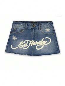 Skirt Y2k Harajuku Gothic Hip Hop Alphabet Print Retro Blue Denim Skirt Women's Fashion Casual Skirt - X02 - 查看 3