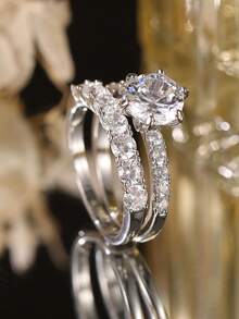 2 件方晶锆石戒指套装，简约奢华婚礼订婚戒指，礼盒包装适合节日