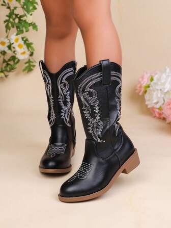 Autumn/Winter New Children's Boots, Embroidered Fashion Western Cowboy Boots, Pointed Toe Chunky Heel Lightweight Stylish Ankle Boots, Suitable For Older Kids Girls Outdoor, Party, Play
