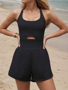 tooluck Womens Running Jumpsuit Workout Rompers Athletic Romper One Piece Outfits Exercise Jumpsuits Gym Yoga Clothes Black - 黑色 - 查看 3