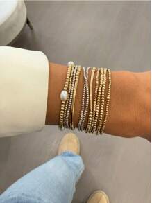 11Pcs Fashionable CCB Gold & Silver Bead Faux Pearl Multilayer Elastic Bracelet Set, Stackable Bracelets For Women, Daily, Vacation, Party Jewelry - Bracelet - View 1
