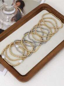 11Pcs Fashionable CCB Gold & Silver Bead Faux Pearl Multilayer Elastic Bracelet Set, Stackable Bracelets For Women, Daily, Vacation, Party Jewelry - Bracelet - View 4