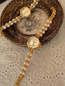 1 New French Fashion Elegant Ladies Pearl Strap 30 Meters Waterproof Personality Niche Quartz Watch, Suitable For Daily Wear - 均碼 - 查看 5