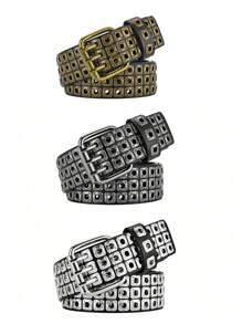 哥特暗黑西部男士加大码三排铆钉仿皮腰带，朋克Y2K方形铆钉镂空设计，派对舞会必备，热门！休闲、商务、男友、丈夫、父亲、男士礼物、日常穿着、时尚、青少年、户外、度假、运动、旅行、街头、波西米亚风、复古秋季、万圣节秋冬配饰，适合青少年、青年、男士、休闲、户外、运动、度假、毕业礼物、生日、日常穿着 - 黑色 - 查看 2