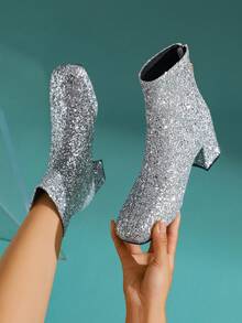 Women's Fashion Glitter Chunky Heel Ankle Boots, Back Zipper Square Toe High Heel Boots, Runway Plus Size Dress Boots - Silver - View 8