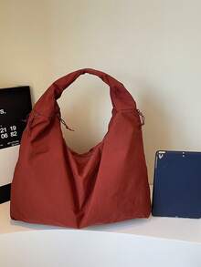 Fashionable Solid Color High-Capacity Multi-Pocket Shoulder Underarm Tote Bag - Red - View 4