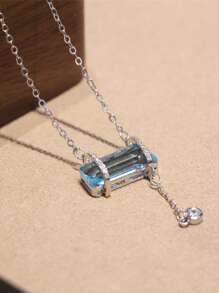 夏季 925 纯银女士项链，方形海蓝宝石水晶项链，镶嵌精美钻石锆石时尚珠宝礼物，适合海滩度假、节日、约会和女性日常佩戴 - 銀色藍色水晶 - 查看 4