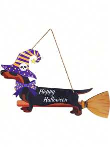 Decoraciones de puerta de Halloween Dachshund Happy Halloween, cartel de puerta para Halloween, decoraciones de puerta principal de madera colgante