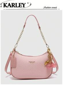 2025 New Fashion Classic Wild Alphabet Pattern Decoration Design Solid Color PU Waterproof Fabric Shoulder Bag Moon Bag, Suitable For Shopping, Can Be Obl