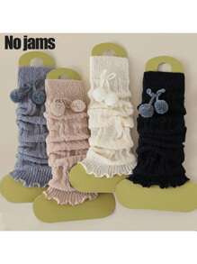 2/4 Pcs Women Furry Ball Decor Black & White Cute Versatile Leg/Foot Warmers, Thickened Long Leg Warmers For Spring/Autumn/Winter