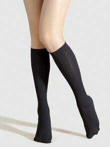 1/3 Pairs Black Grid Texture Pattern Knee High Socks, Fashionable Opaque Nylon Pantyhose, Breathable Thigh High Socks For Daily Wear, Cozy - Black - View 17