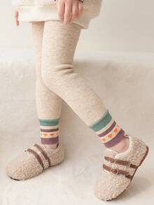 女童纯色打底裤，保暖紧身裤，学院风，加厚保暖内衬七分裤，适合秋冬季穿着 - 杏色 - 查看 4