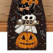 1pc Halloween Table Runner/2pcs Placemats, Polka Dot Ghost Pumpkin Black Cat Design, Reusable Faux Linen Table Runner, Halloween Kitchen Dining Table Decor, Suitable For Home Dining Room, Kitchen, Party Table Decoration