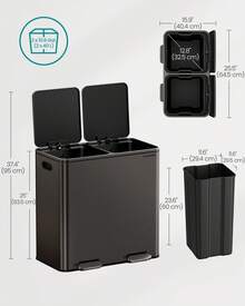SONGMICS Trash Can, 2 X 10.6 Gallon (2 X 40 L) Garbage Can For Kitchen, With 15 Trash Bags, 2 Compartments, Plastic Inner Buckets And Hinged Lids, Airtight - 石板灰 - 查看 4