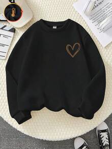Tween-Mädchen Langarm-Sweatshirt mit Rundhalsausschnitt, minimalistische Herzgrafik, lässige, lockere Passform, alltagstaugliche Kleidung