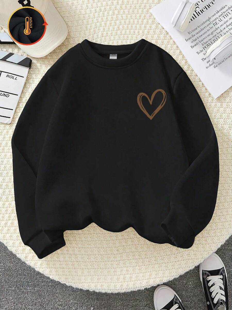 Tween-Mädchen Langarm-Sweatshirt mit Rundhalsausschnitt, minimalistische Herzgrafik, lässige, lockere Passform, alltagstaugliche Kleidung