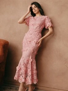 Savoree 女士夏季新款派对时尚3D花卉蕾丝连衣裙 - 粉色 - 查看 7