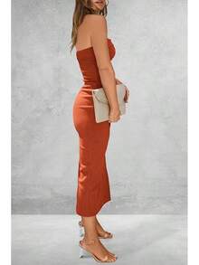 Women's Summer Bodycon Maxi Tube Dress Ribbed Strapless Side Slit Long Going Out Casual Elegant Party DressesHalloween Christmas New Year - 鐵鏽紅 - 查看 2